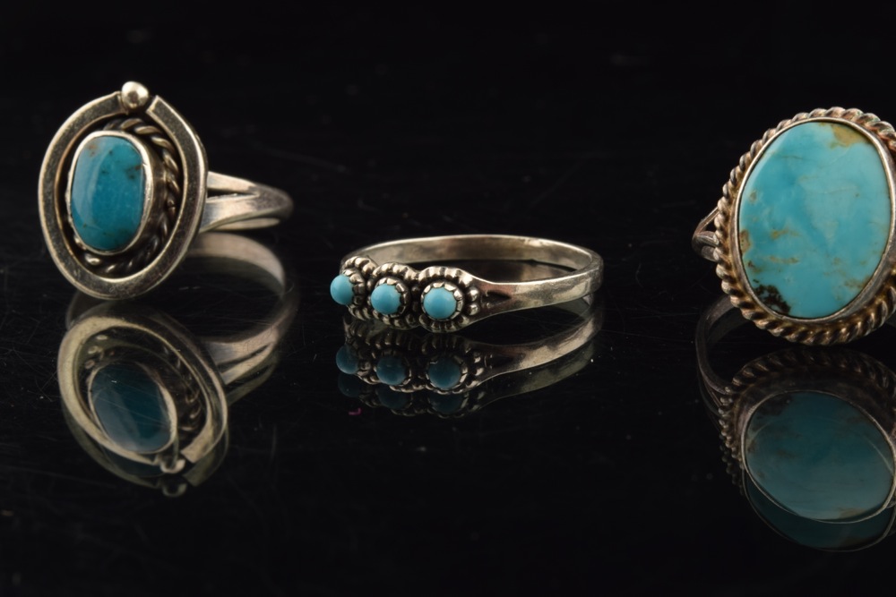 Trio of Sterling and Turquoise Navajo Style Rings