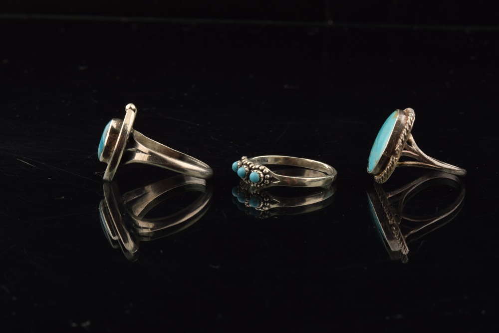 Trio of Sterling and Turquoise Navajo Style Rings