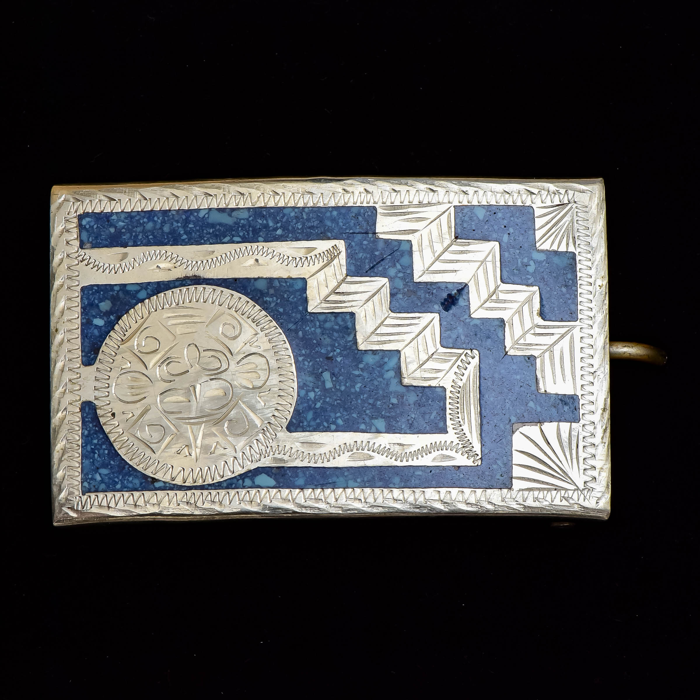 Vintage Terrazzo Inlaid Alpaca Silver Mexico Belt Buckle