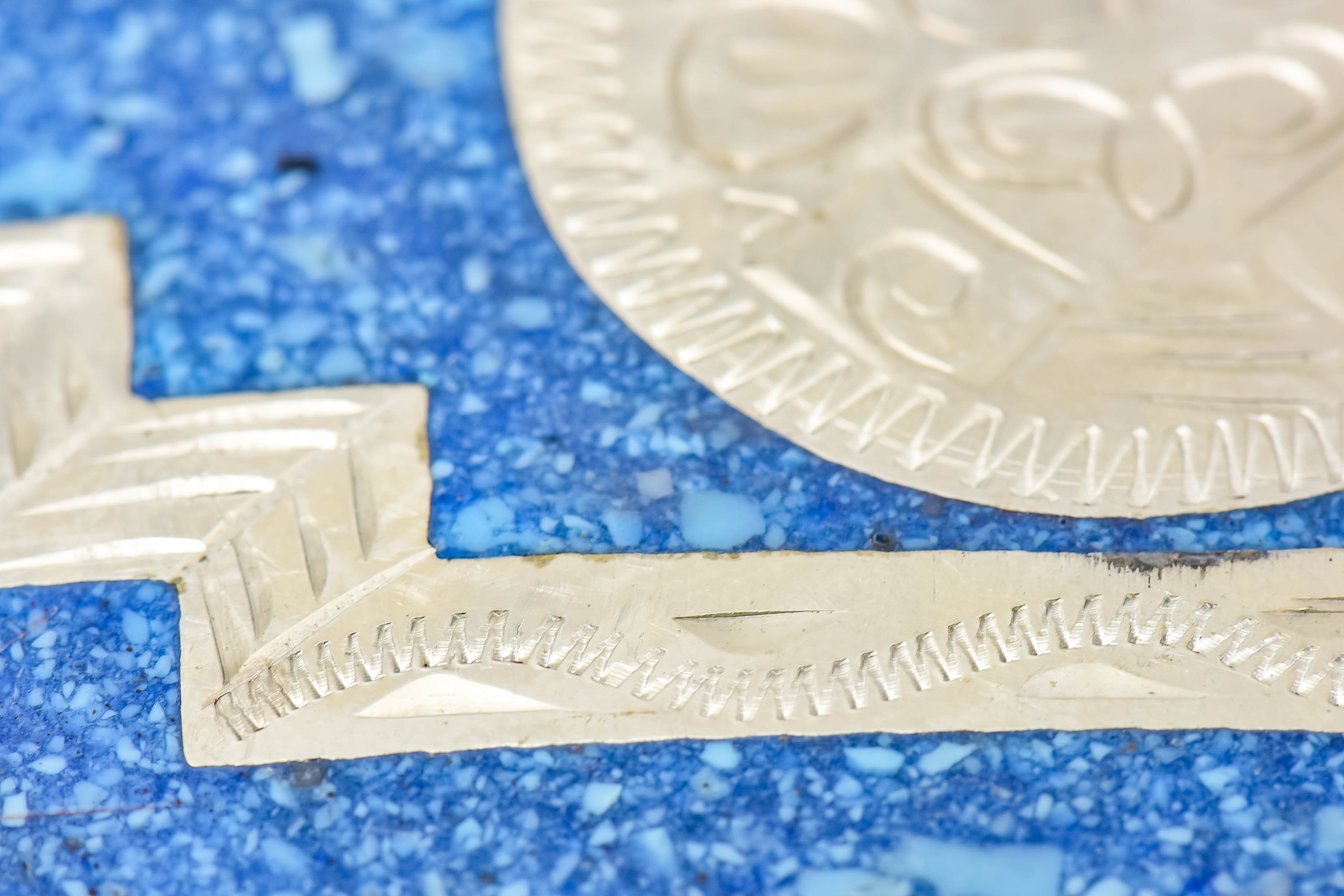 Vintage Terrazzo Inlaid Alpaca Silver Mexico Belt Buckle