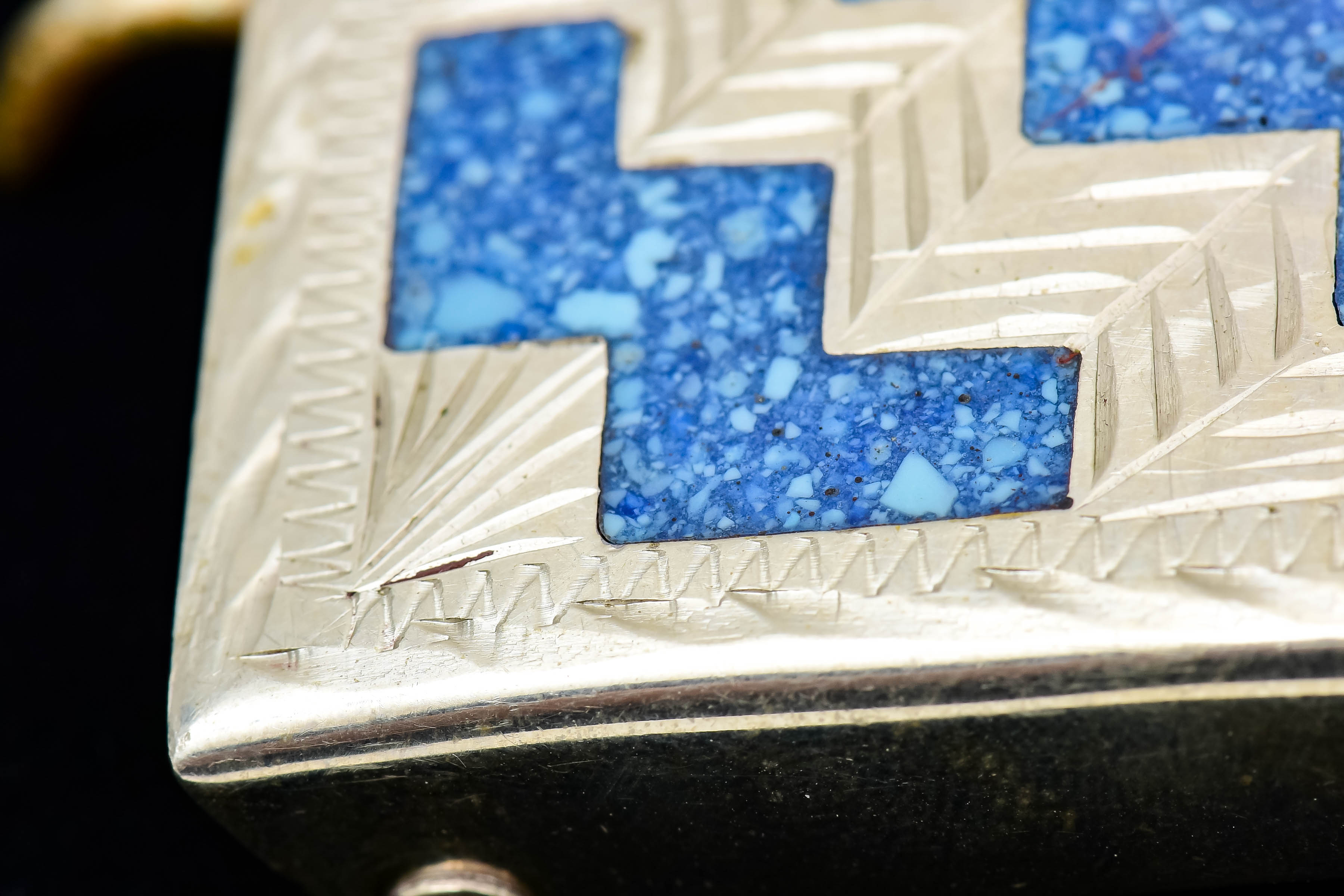 Vintage Terrazzo Inlaid Alpaca Silver Mexico Belt Buckle