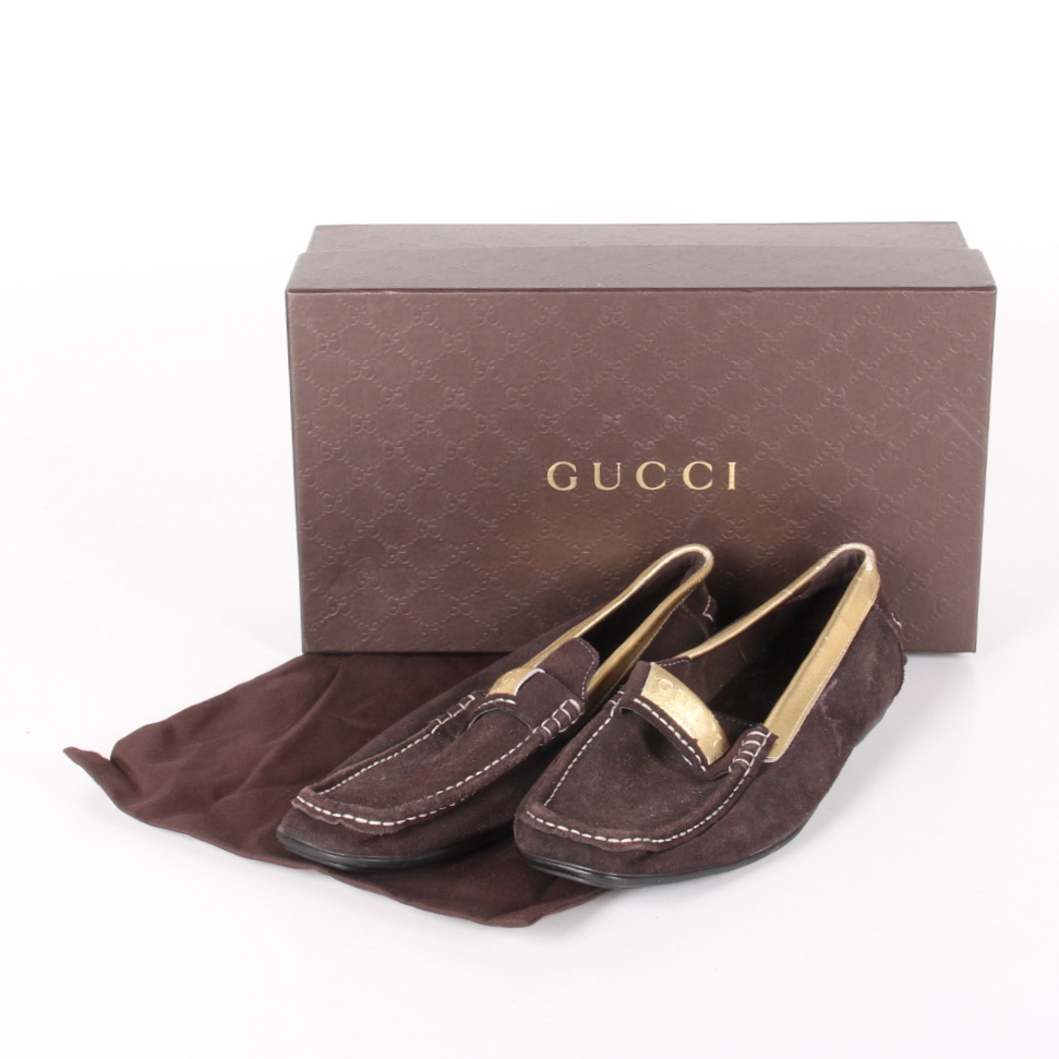 Men's Brown Gucci Loafers with Gold Tone Detailing
