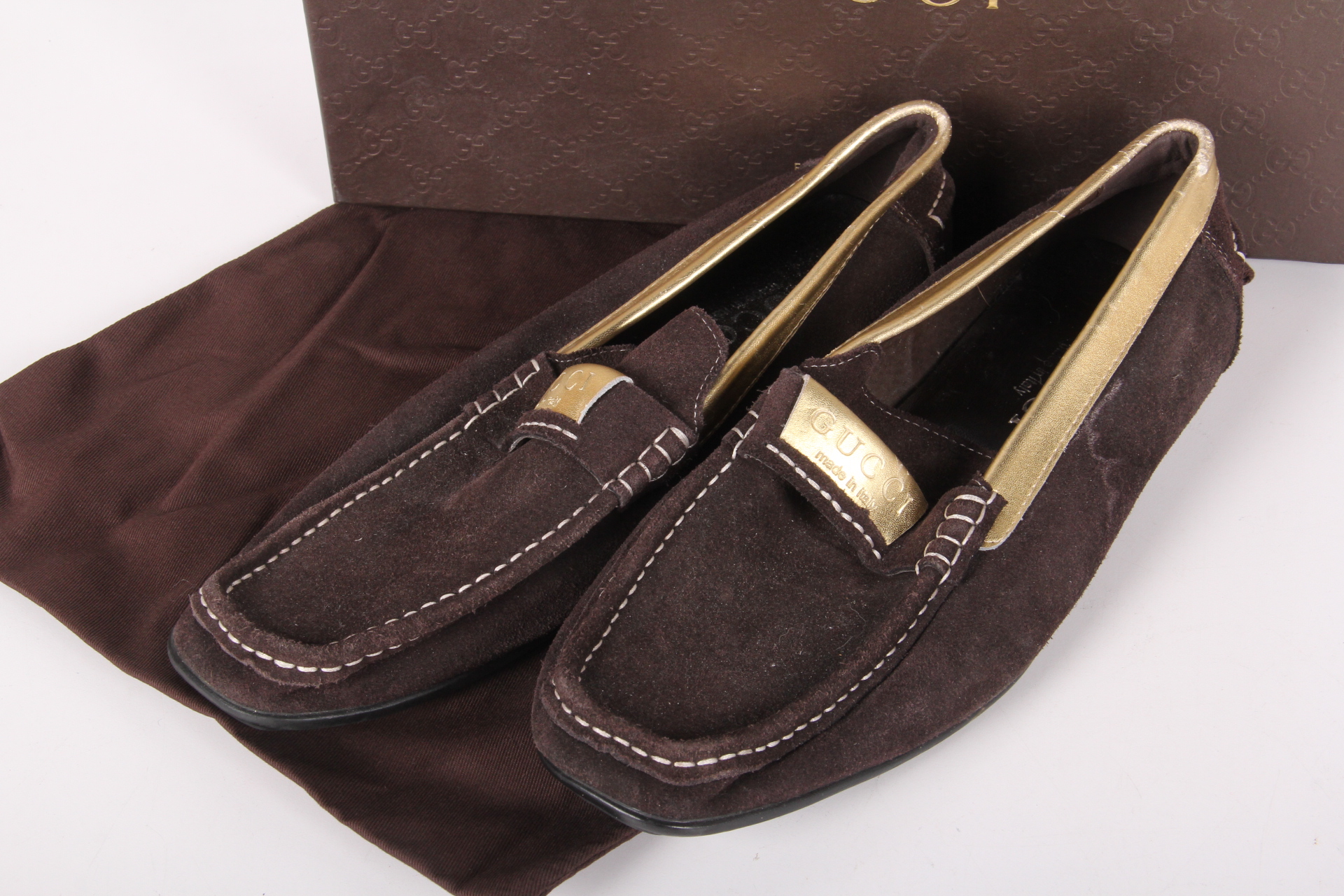 Men's Brown Gucci Loafers with Gold Tone Detailing