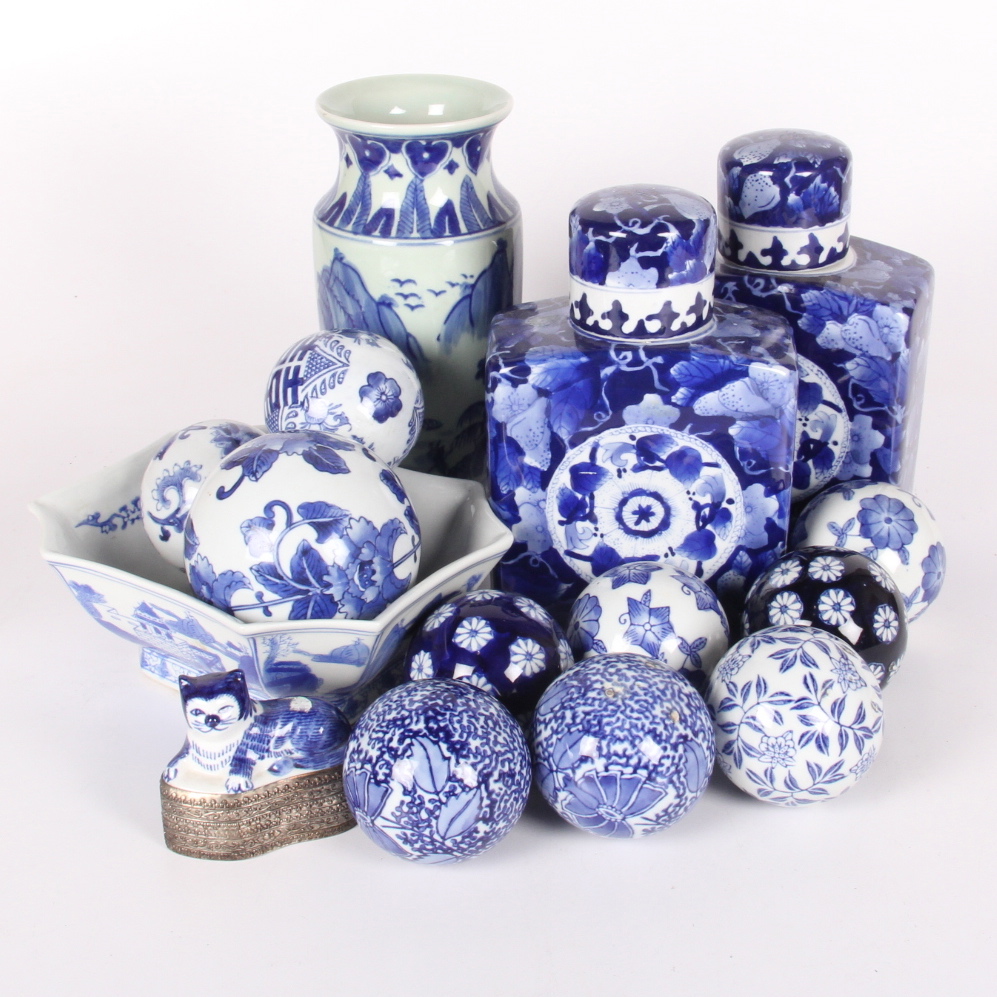 Assortment of Blue and White China Decor