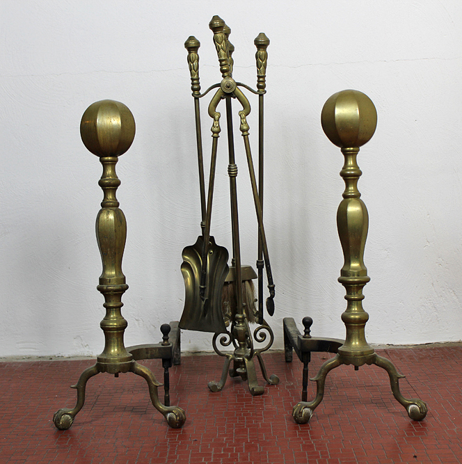 Pair of Solid Brass Andirons and Fireplace Tool Set
