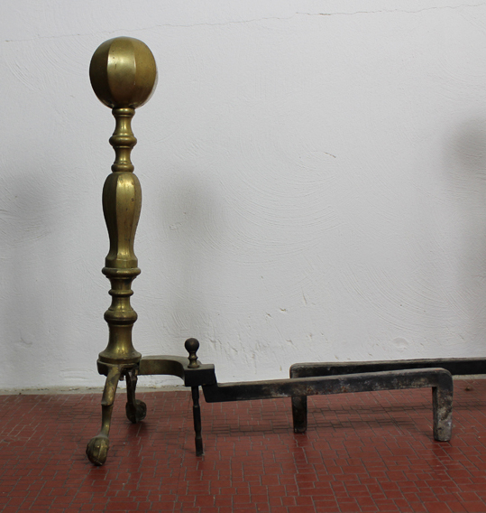 Pair of Solid Brass Andirons and Fireplace Tool Set