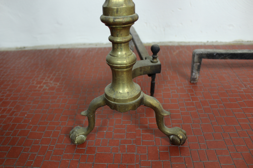 Pair of Solid Brass Andirons and Fireplace Tool Set
