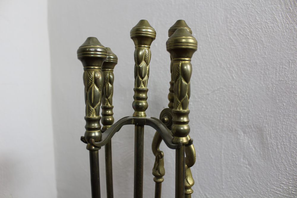 Pair of Solid Brass Andirons and Fireplace Tool Set