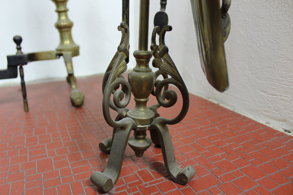 Pair of Solid Brass Andirons and Fireplace Tool Set