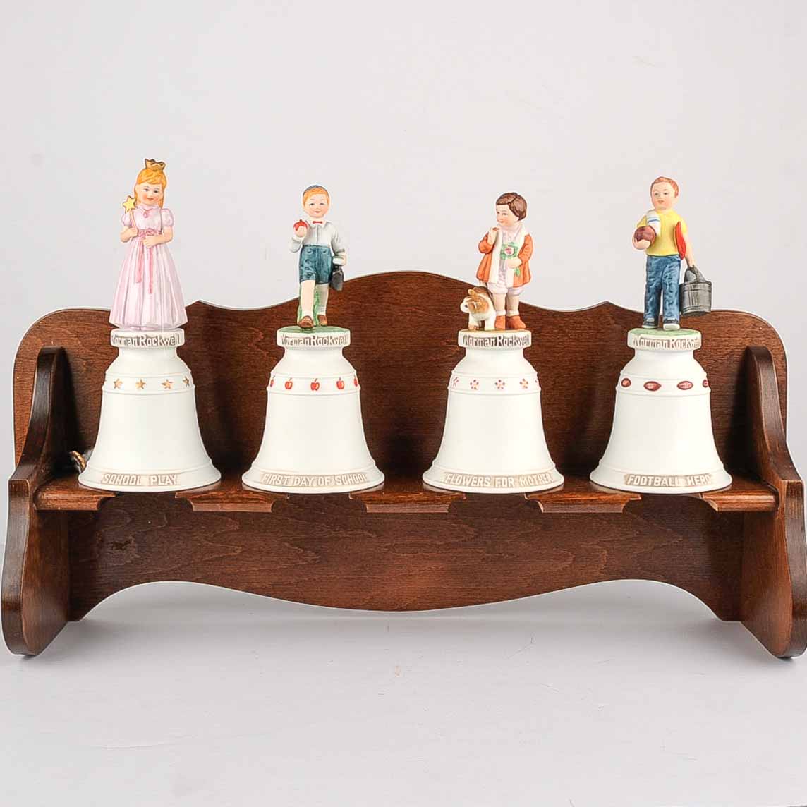 Collection of Ceramic Norman Rockwell Bells with Display Rack