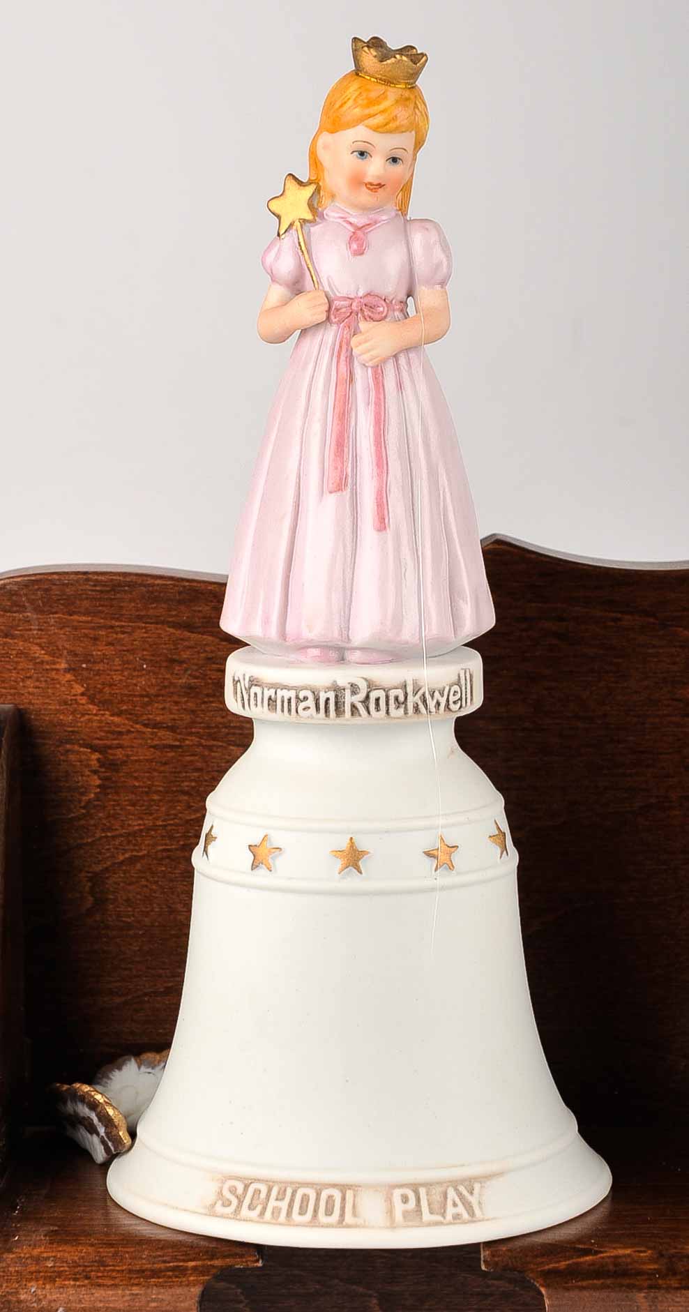 Collection of Ceramic Norman Rockwell Bells with Display Rack