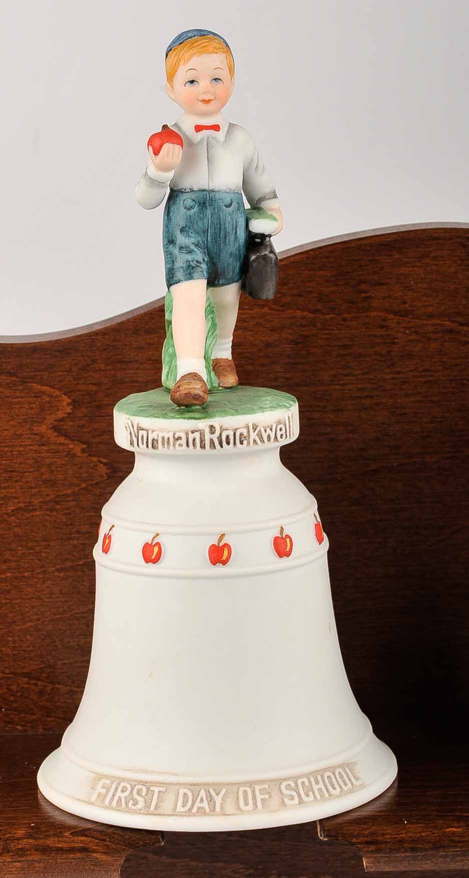 Collection of Ceramic Norman Rockwell Bells with Display Rack