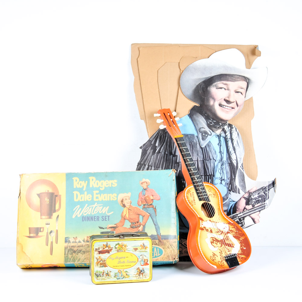 Roy Rogers and Dale Evans Vintage Dinner Set, Lunch Box, Guitar and Standee
