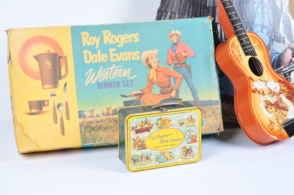 Roy Rogers and Dale Evans Vintage Dinner Set, Lunch Box, Guitar and Standee