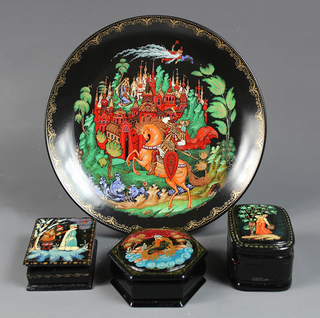 Trio of Russian Palekh Boxes with "Russian Legends" Collector Plate with COA