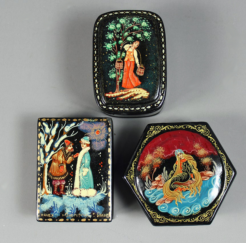 Trio of Russian Palekh Boxes with "Russian Legends" Collector Plate with COA