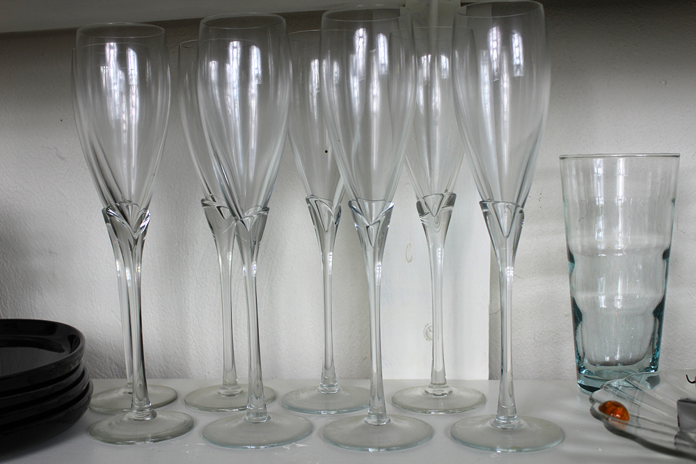 Large Kitchen and Barware Assortment Including Fostoria Stemware