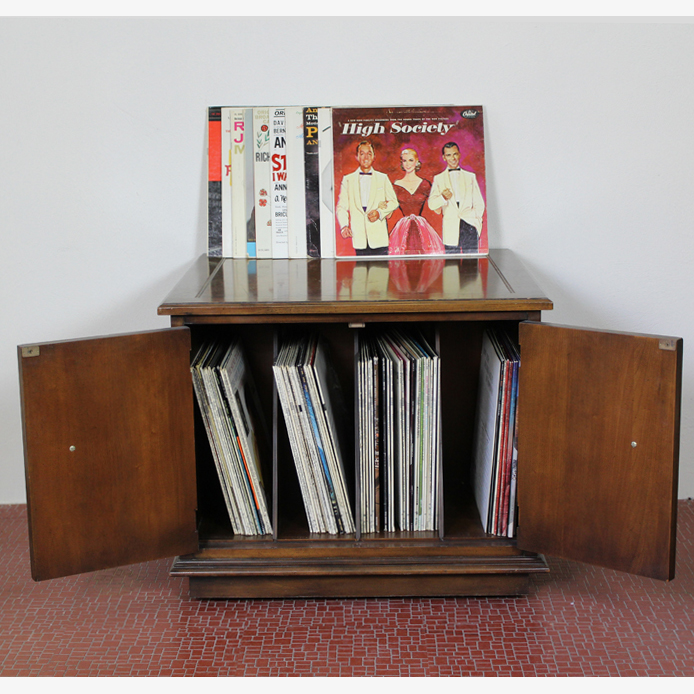 Vintage Mid Century Modern Record Cabinet and Album Collection