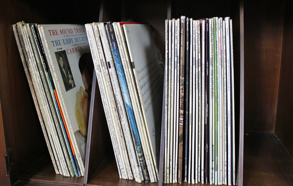 Vintage Mid Century Modern Record Cabinet and Album Collection