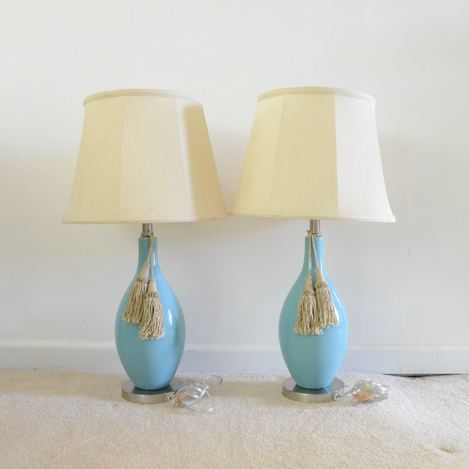 Pair of Tasseled Blue Table Lamps