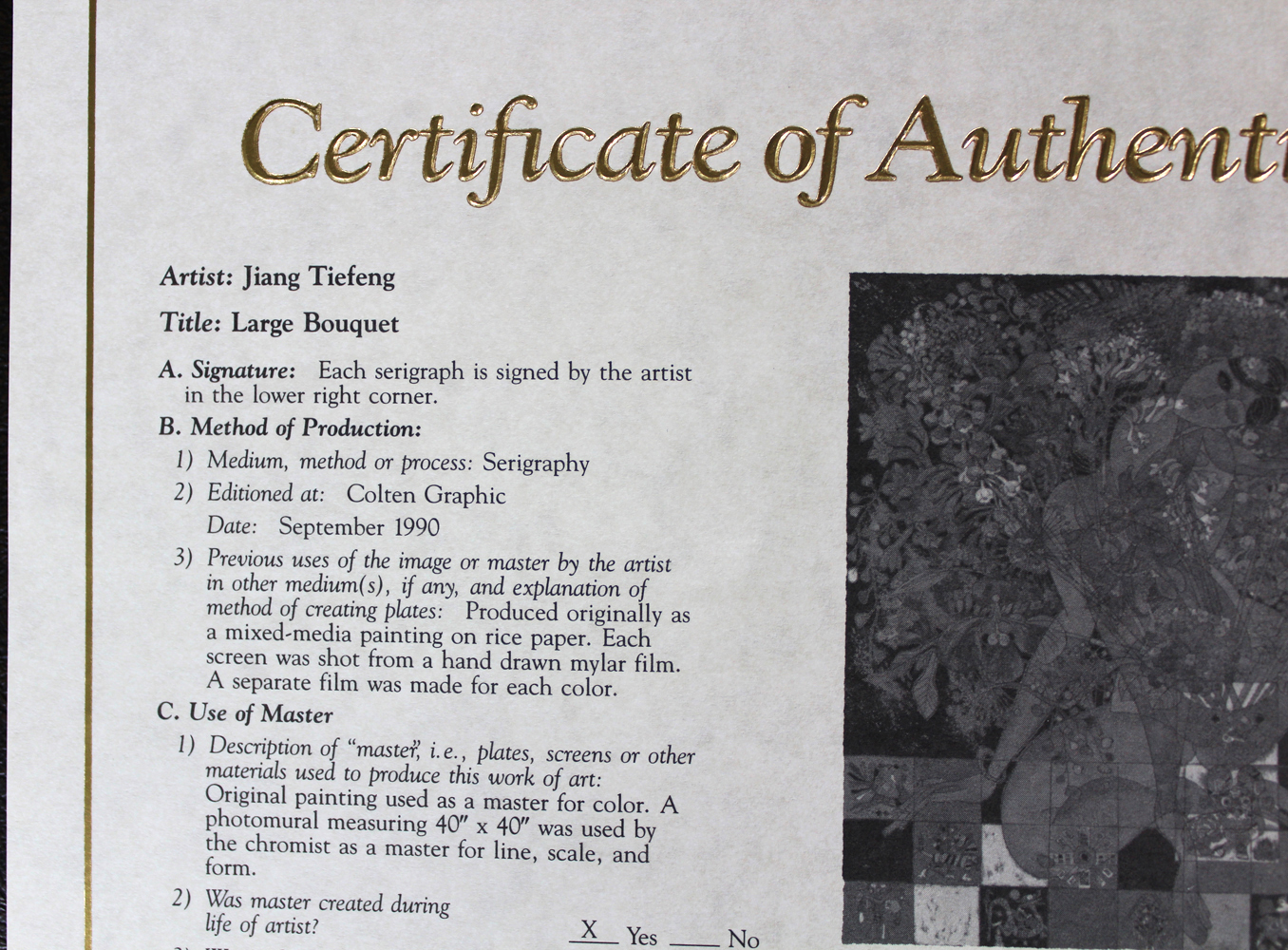 Signed Jiang Tie-Feng Serigraph Titled "Large Bouquet" With COA