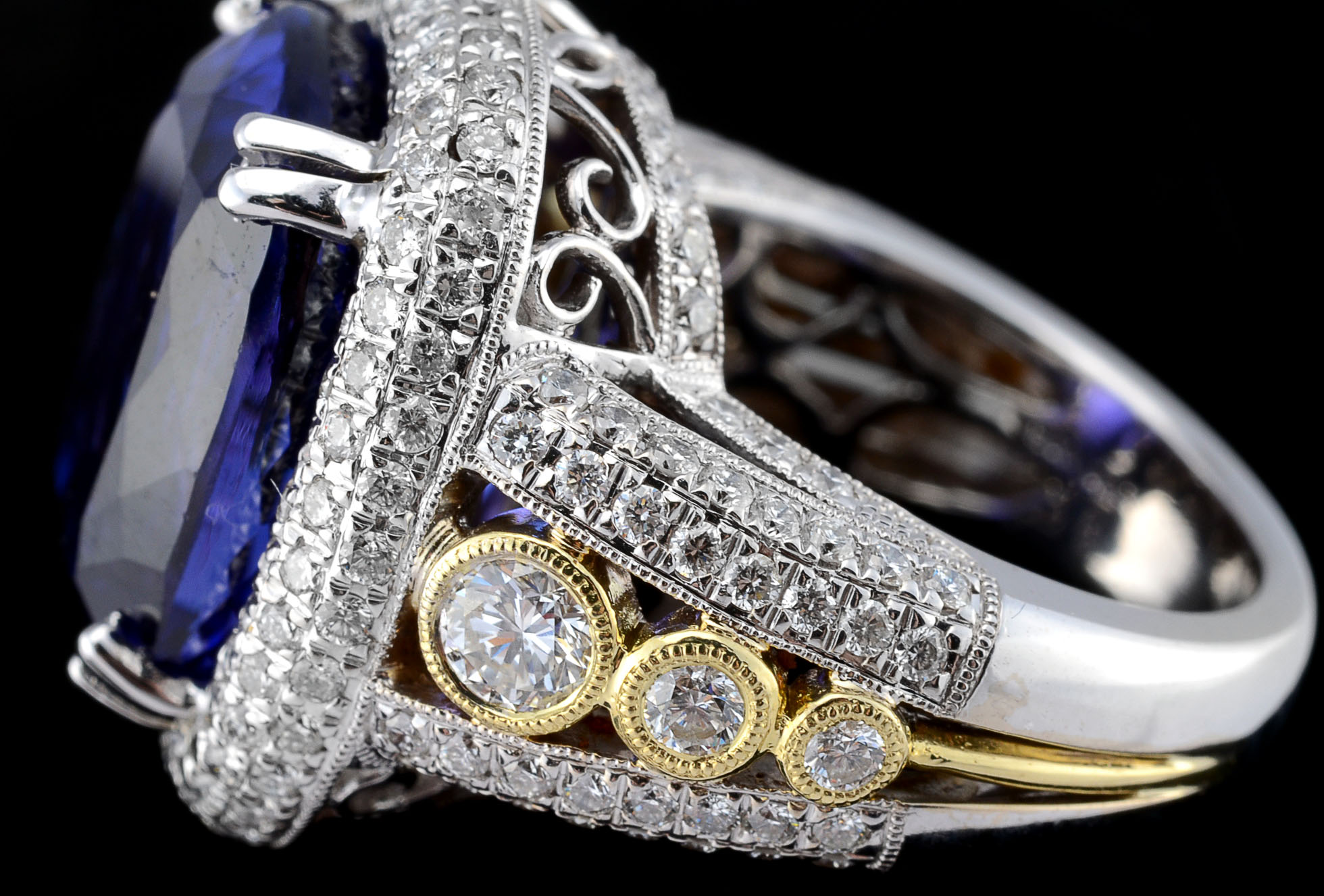 18K Two Tone Gold, Tanzanite and Diamond Openwork Ring