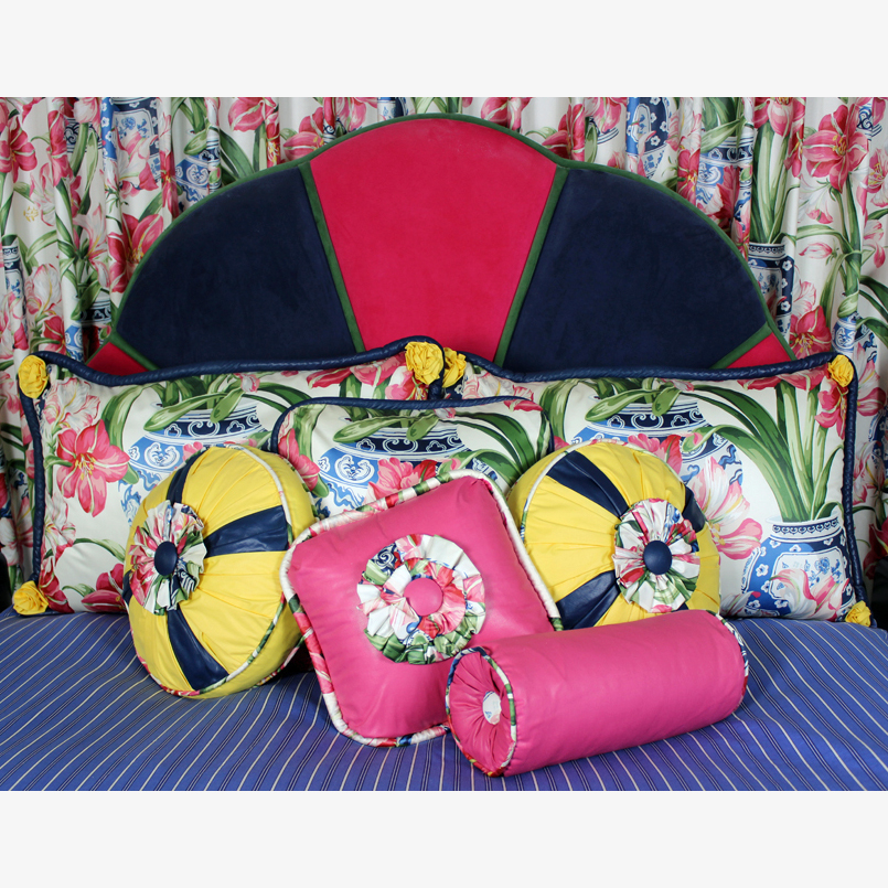 Fabric Upholstered Headboard and Matching Decorative Pillows