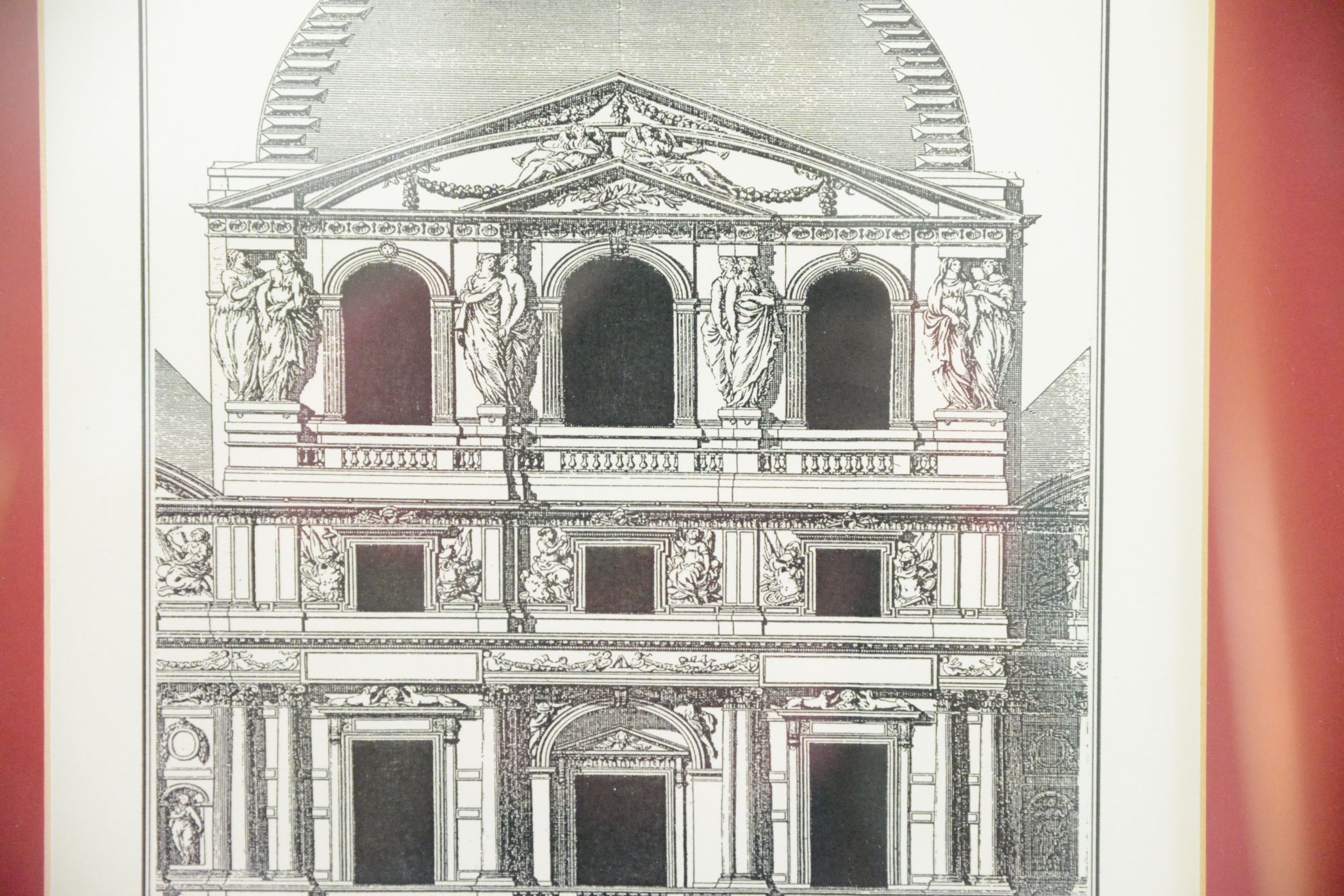 Framed Reproduction Engraving "Avant Corps de L'une Des Facades de L'interieur"