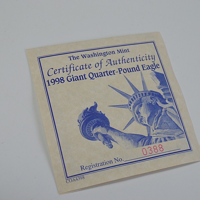 1998 Washington Mint $100 Giant Quarter Pound Silver Eagle Coin
