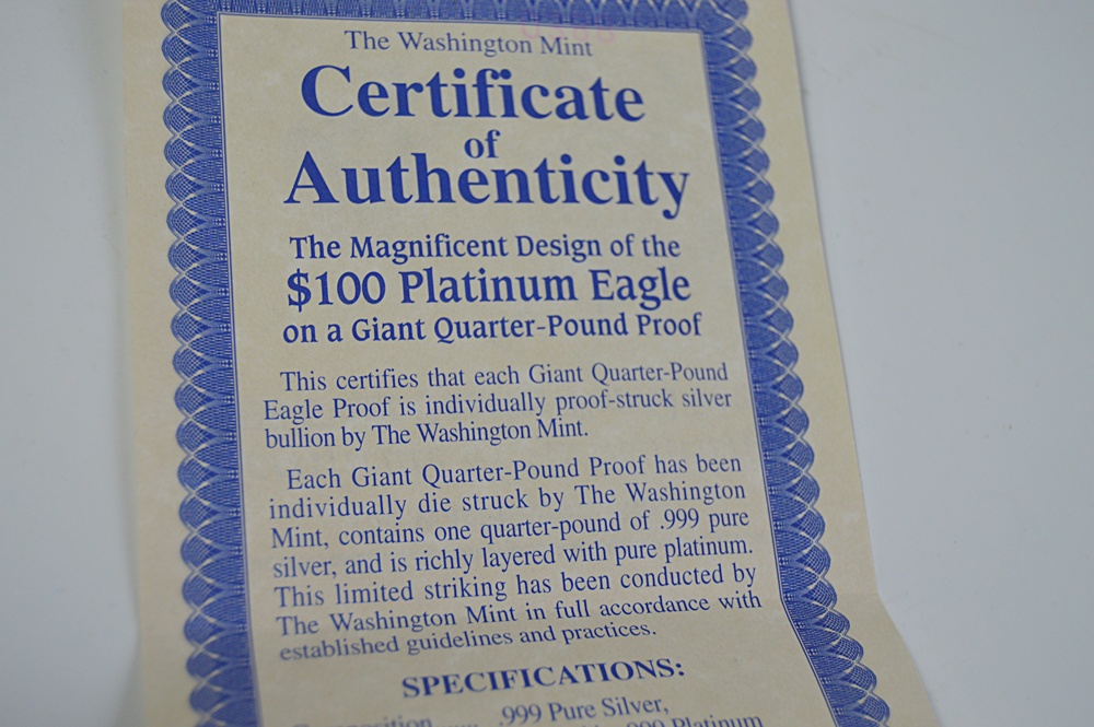 1998 Washington Mint $100 Giant Quarter Pound Silver Eagle Coin