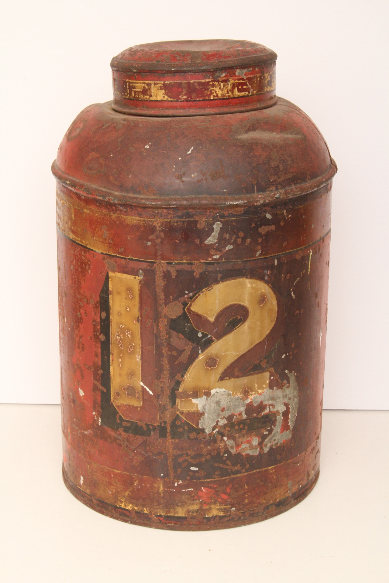 Antique Red Metal Can with Graphic Numbers