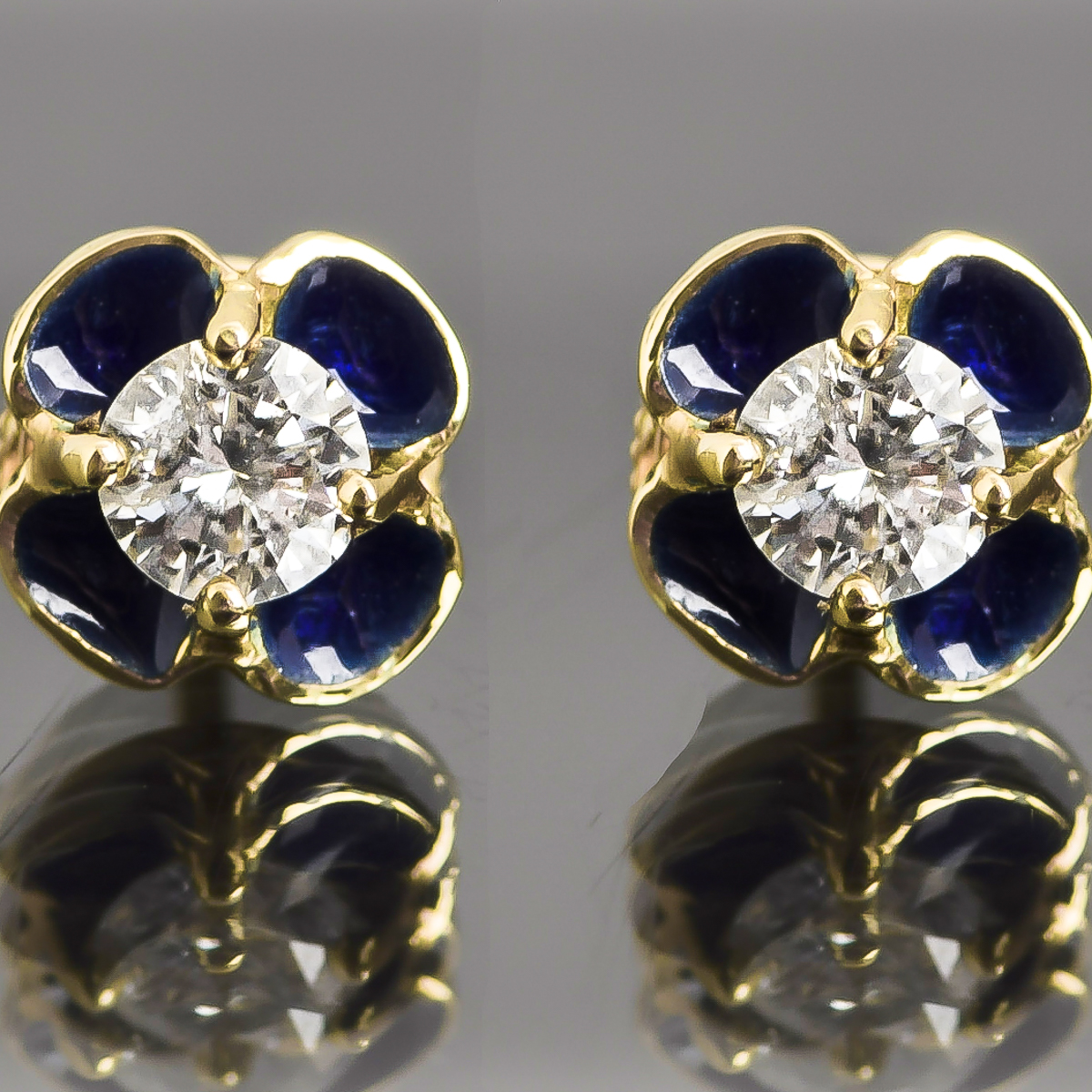 18k Yellow Gold Diamond and Enamel Earrings