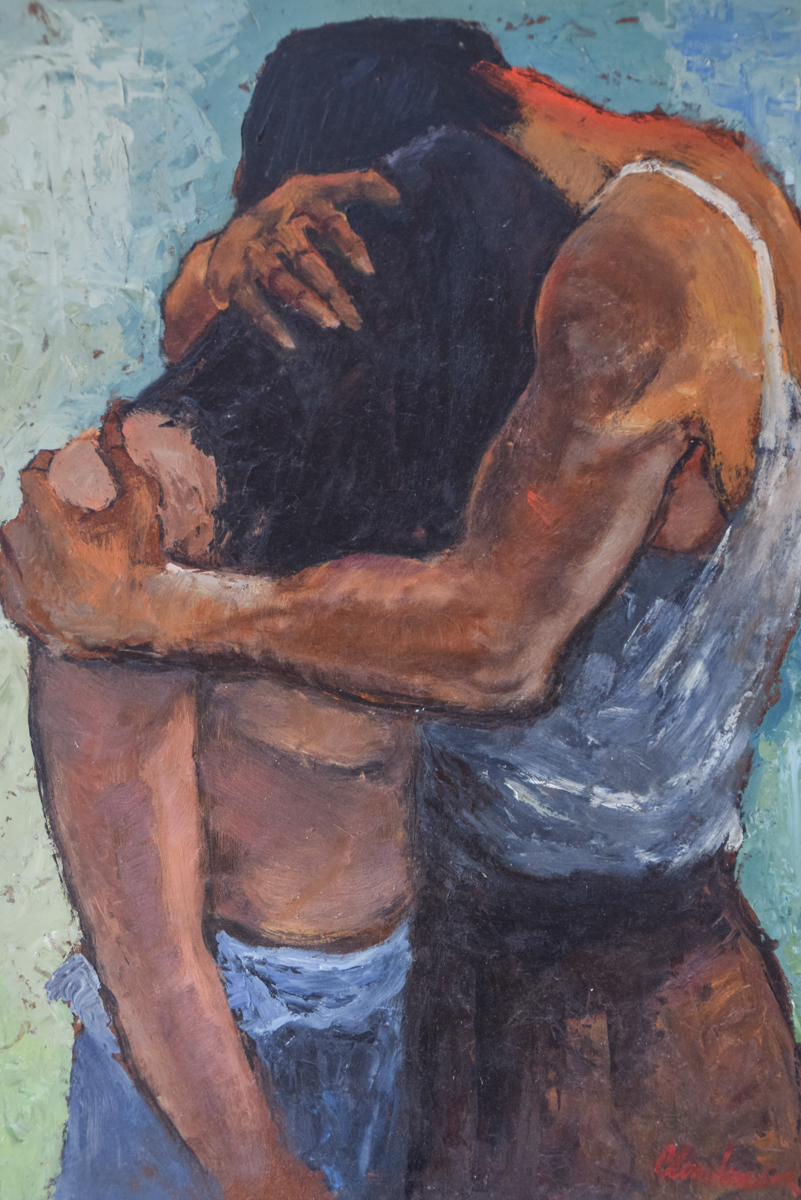 Flora Clendenin Vintage Oil Painting of an Embracing Couple