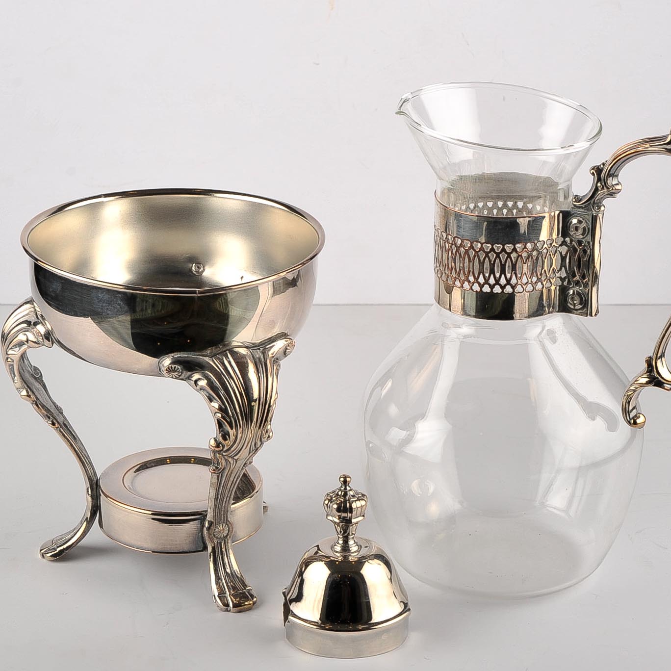 Silver Plate and Glass Pitcher with Chafing Frame