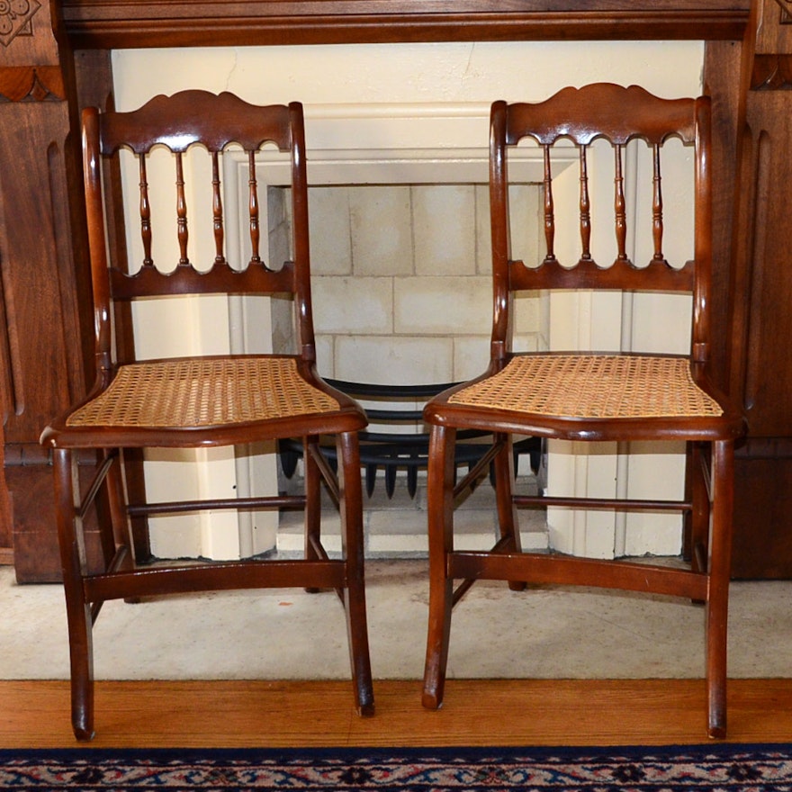 Pair Of Cane Bottom Chairs With Curved Bar For Hoop Skirts
