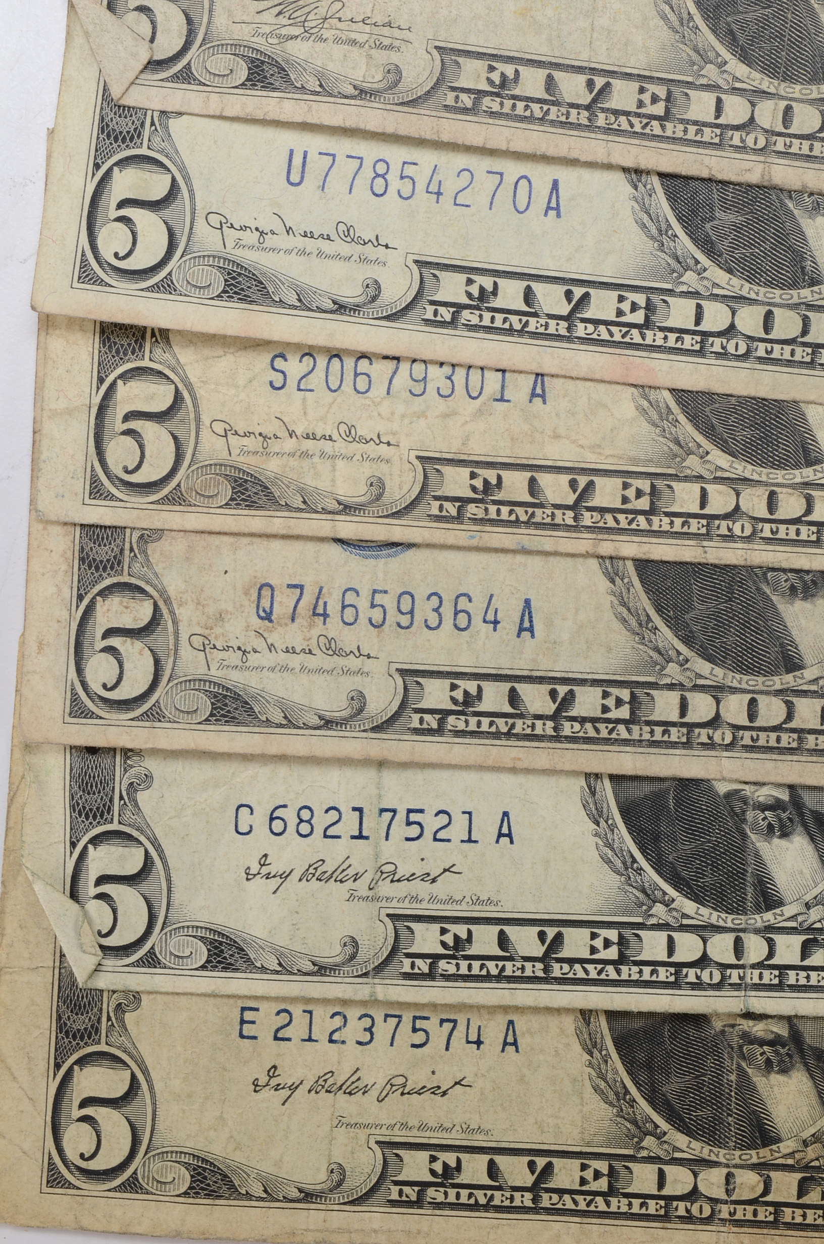 Group of Ten Five Dollar Silver Certificates