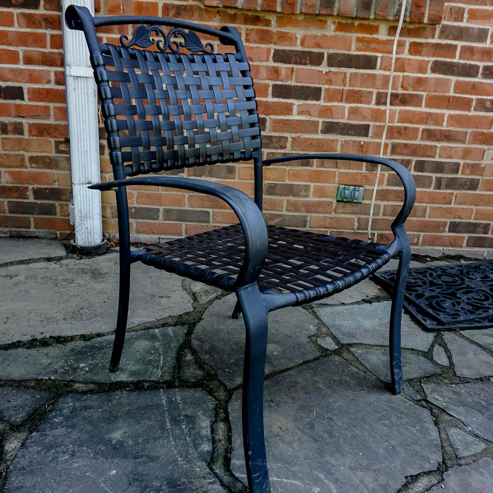 Glass Top Metal Patio Table and Six Metal Patio Chairs