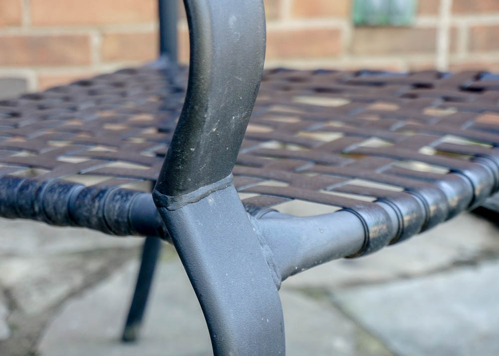 Glass Top Metal Patio Table and Six Metal Patio Chairs