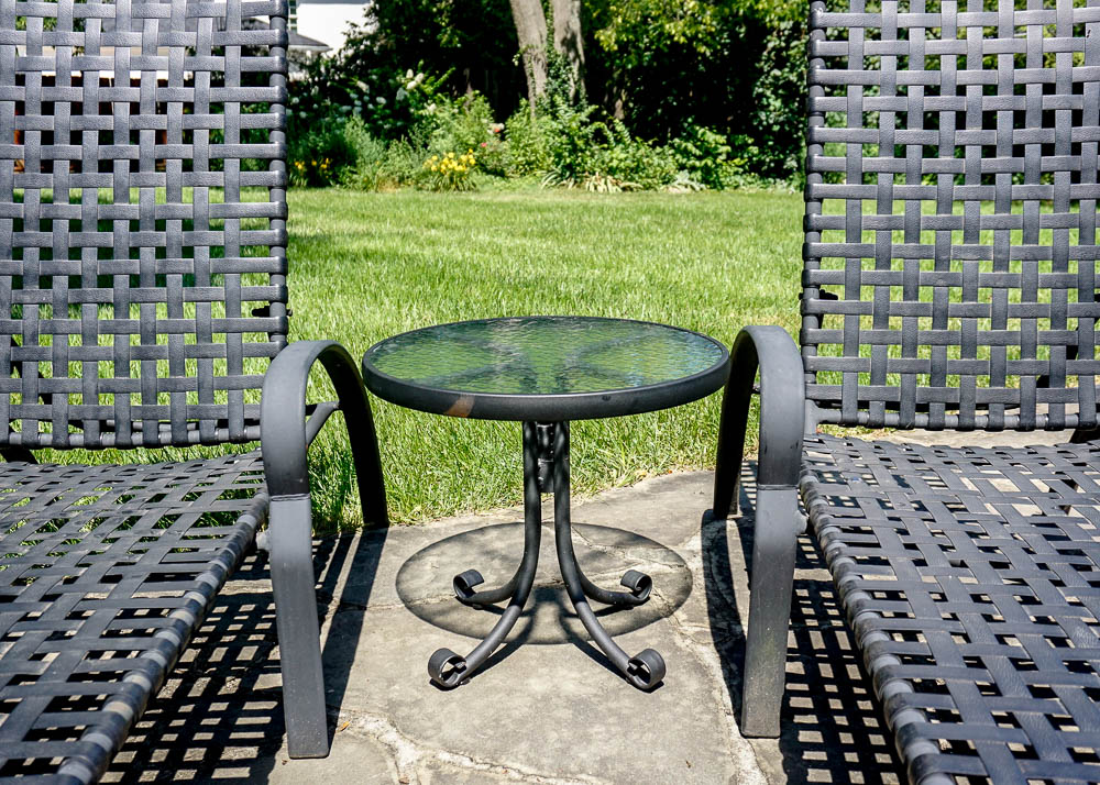 Outdoor Lounge Chairs and Glass Top Accent Table