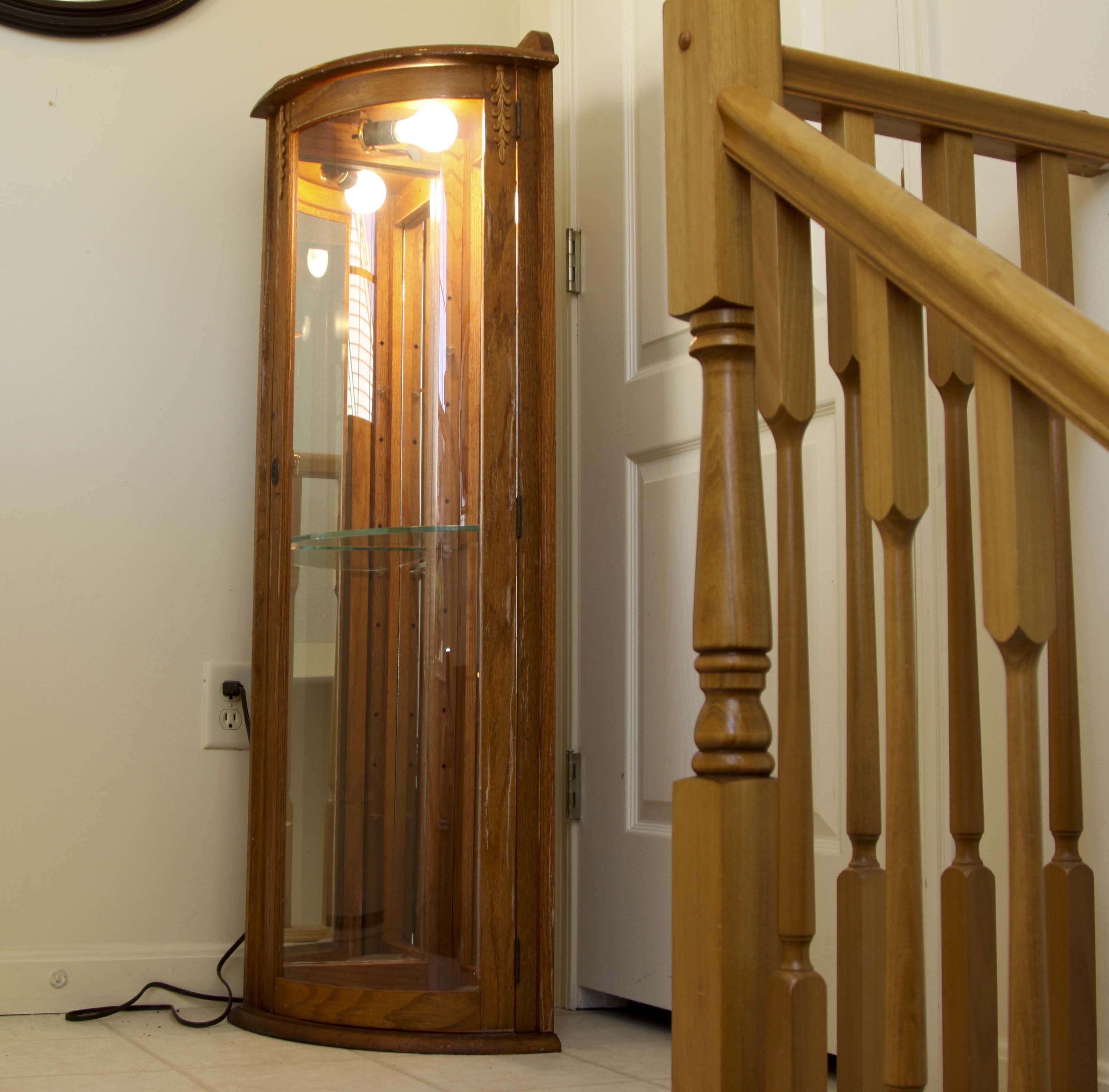 Small Lighted Oak Corner Curio Cabinet