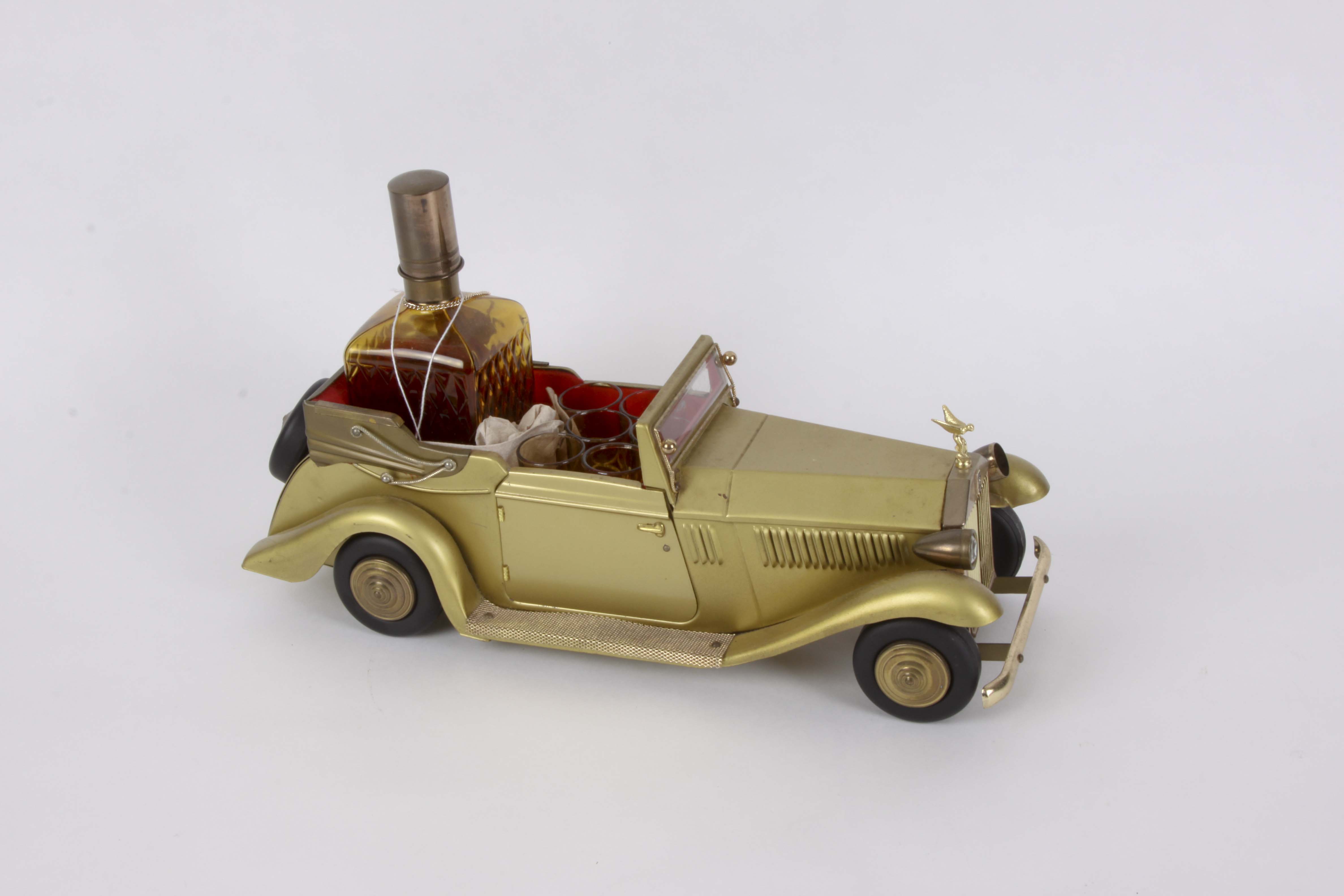 Vintage Rolls Royce Model Car Music Box with Decanter and Shot Glasses