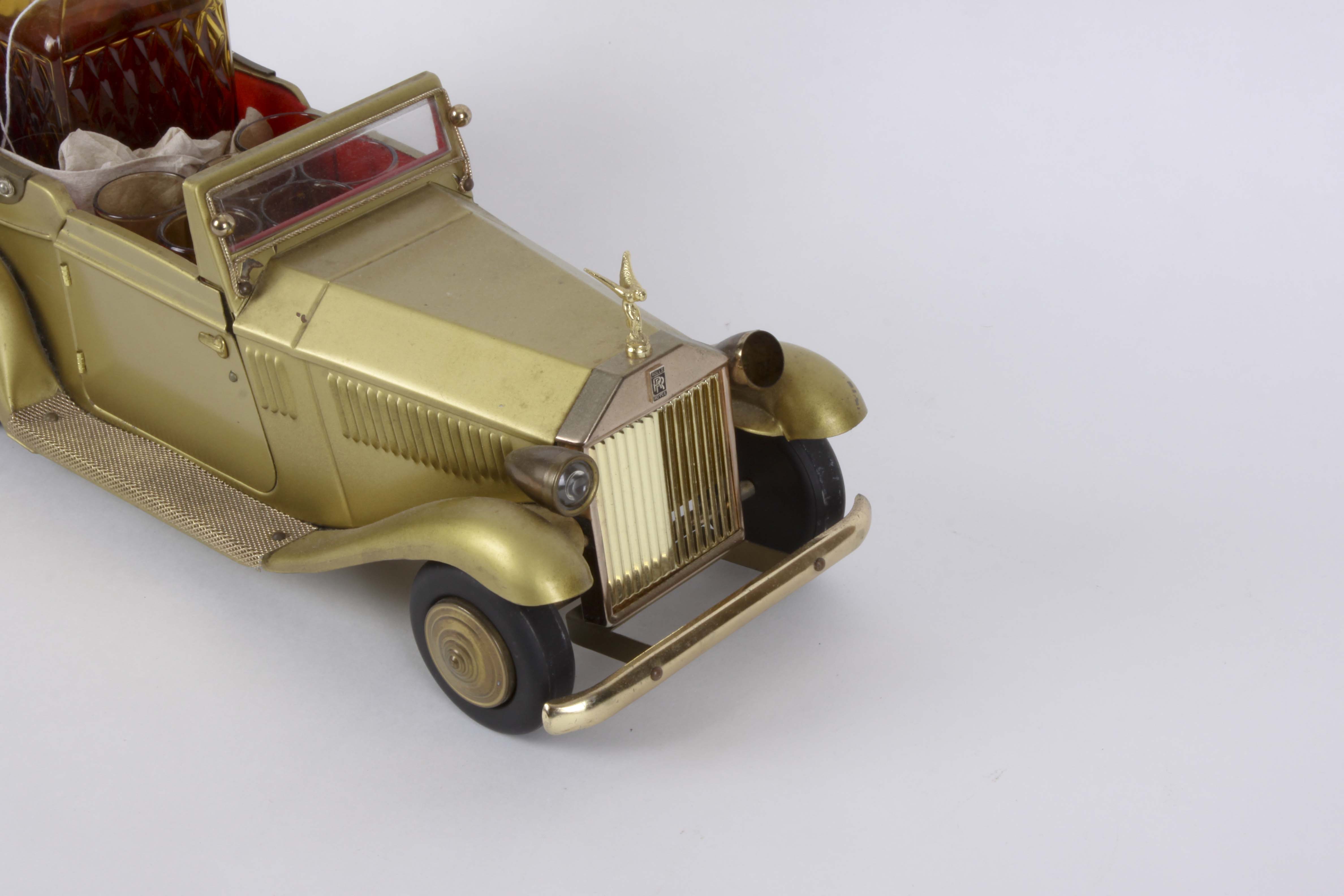 Vintage Rolls Royce Model Car Music Box with Decanter and Shot Glasses