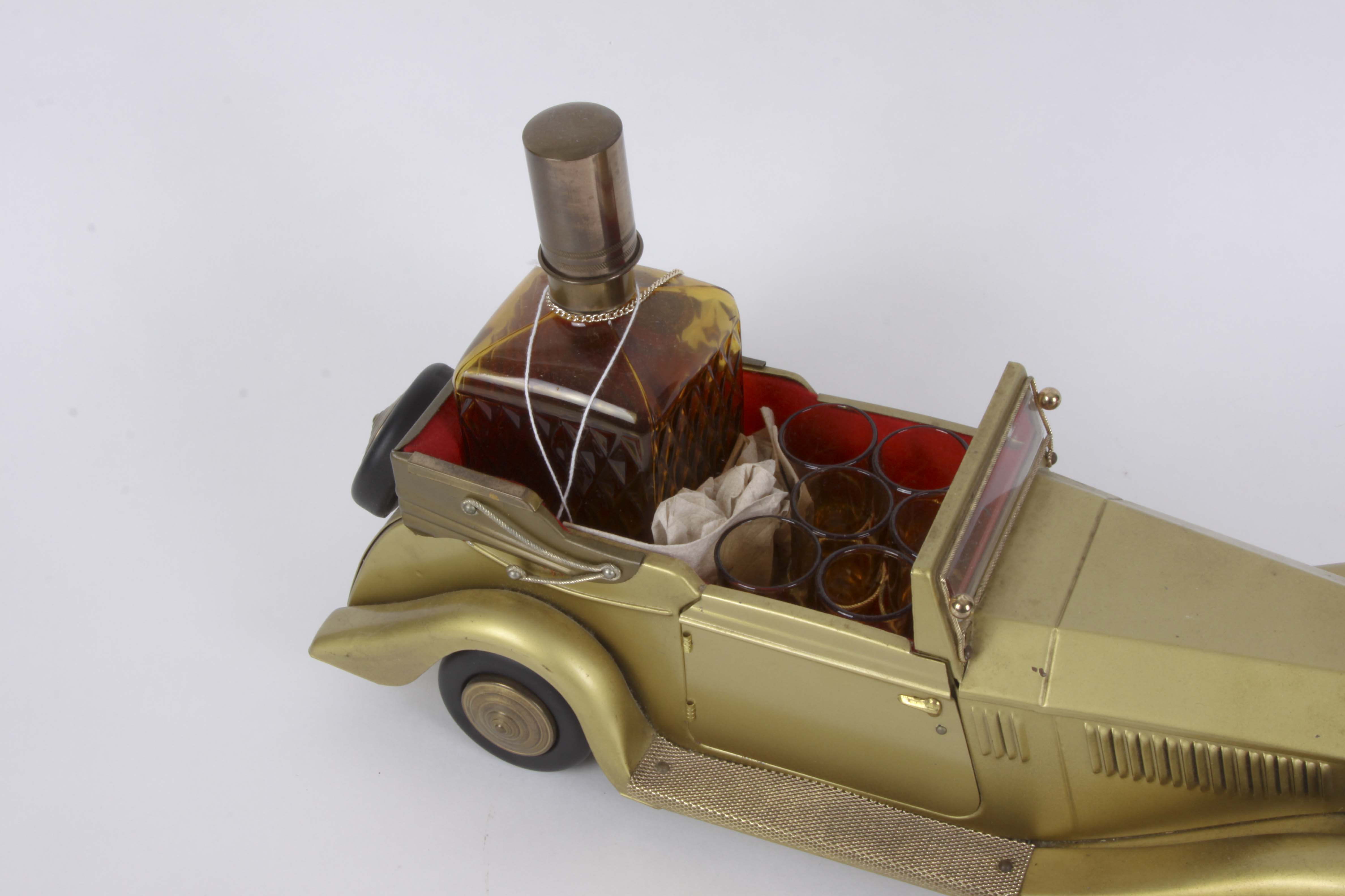 Vintage Rolls Royce Model Car Music Box with Decanter and Shot Glasses