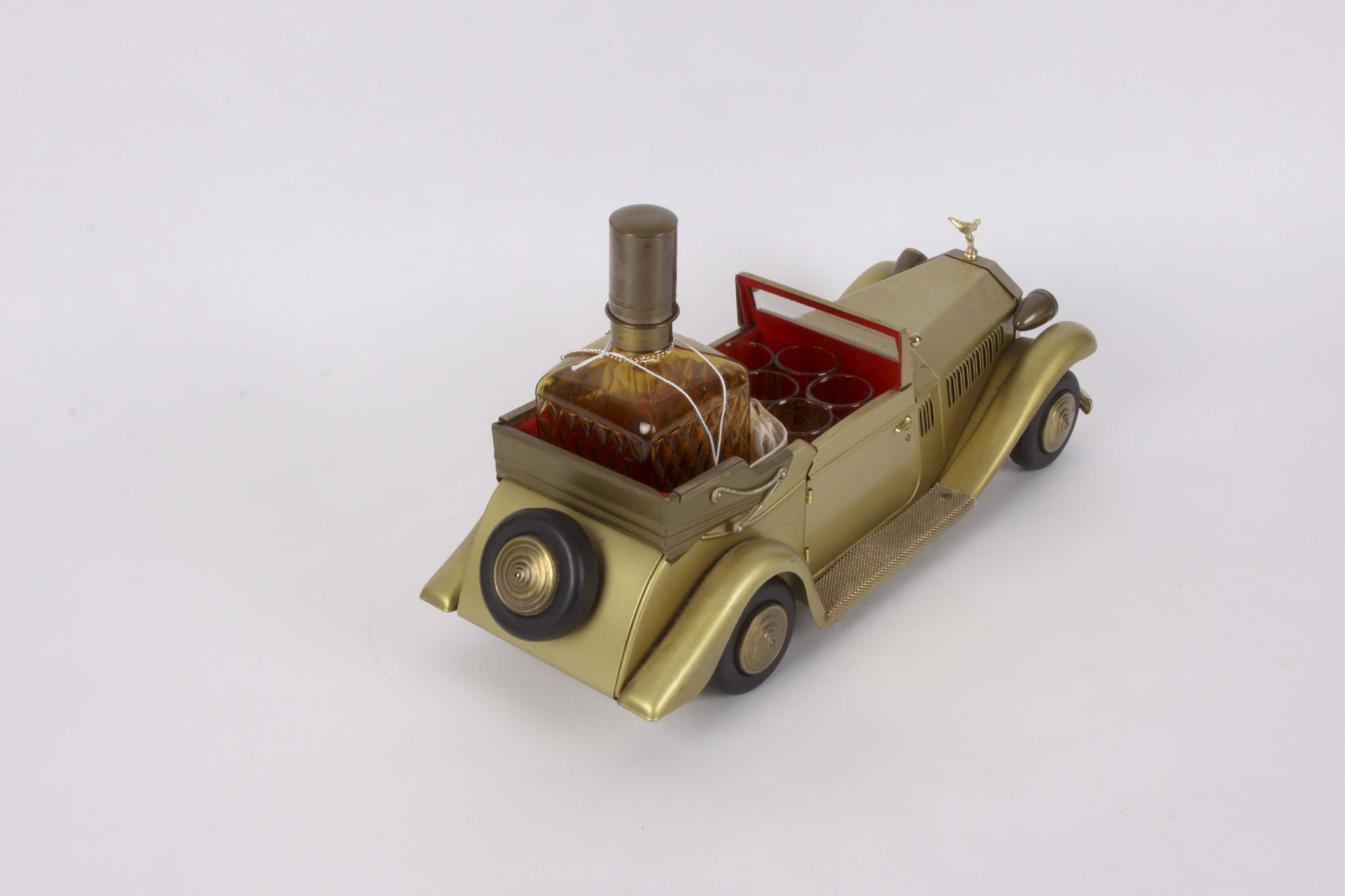 Vintage Rolls Royce Model Car Music Box with Decanter and Shot Glasses
