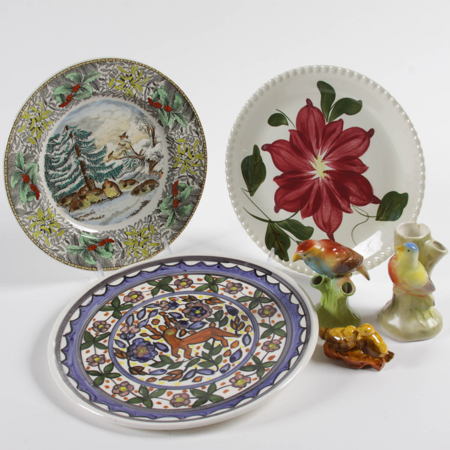 Set of Colorful Plates and Ceramic Birds