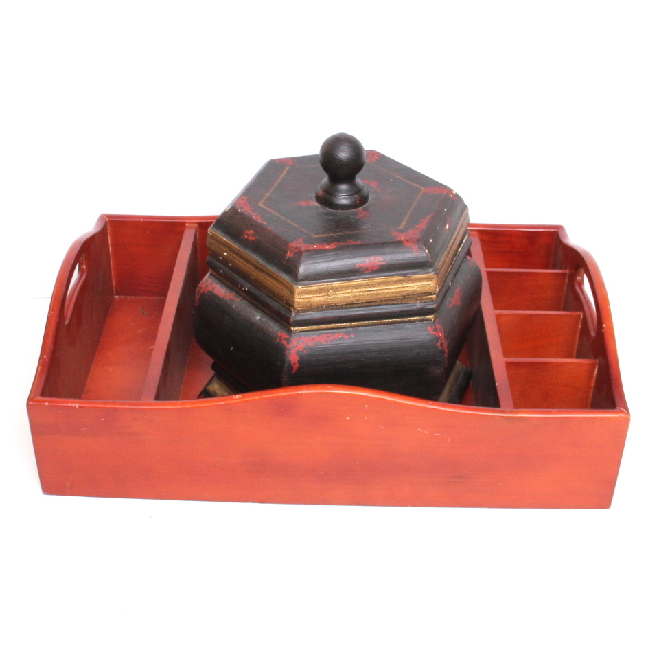 Red Serving Tray and Black and Red Decorative Container