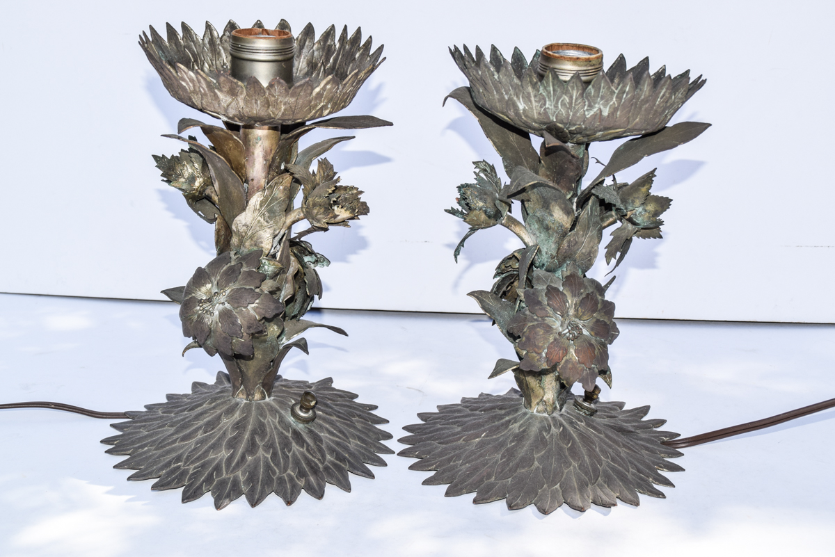 Pair of Bronze Tone Metal Tole Lamps