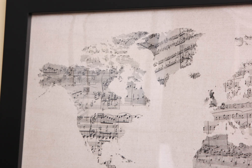 Framed Music Note World Map Print