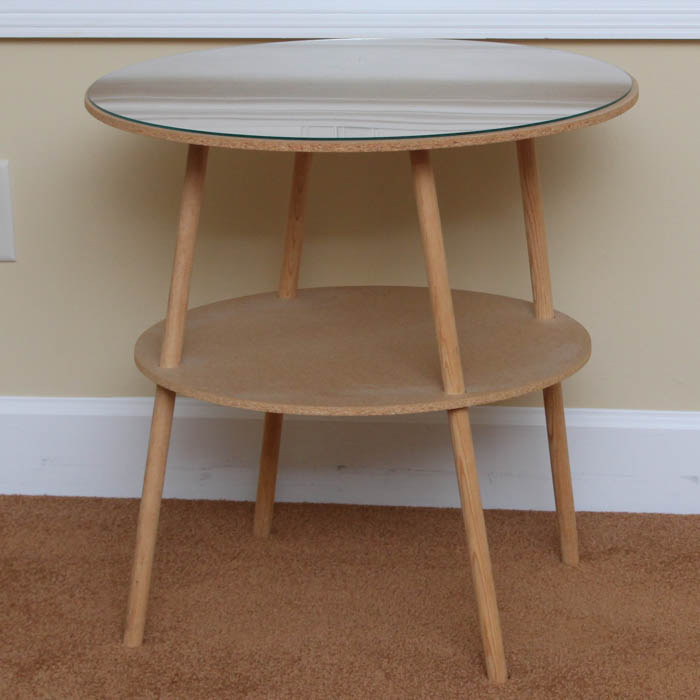 Wood Double Tier Table with White Tablecloth