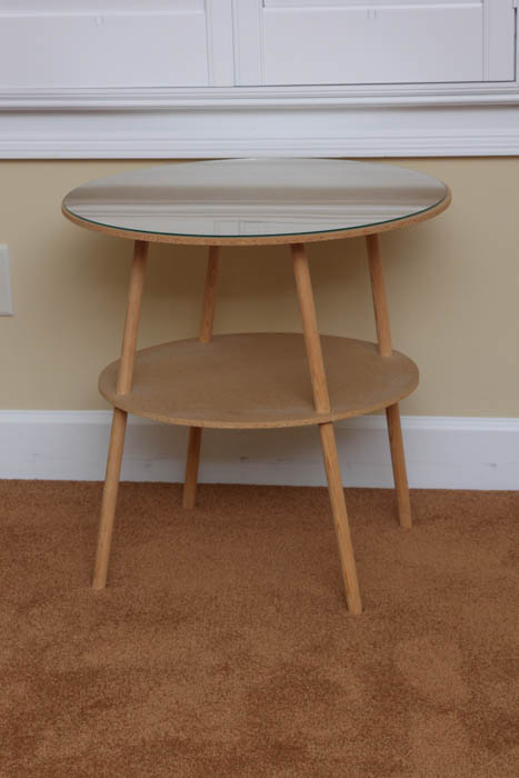 Wood Double Tier Table with White Tablecloth